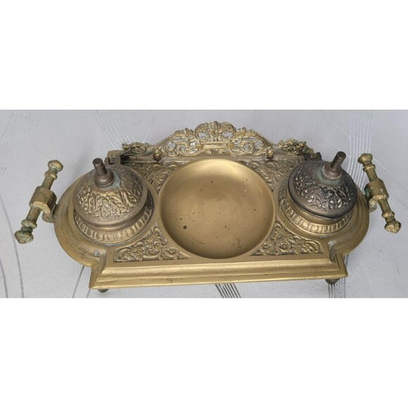 Vintage Ornate Double Ink Well Brass w Inserts Covers Decorative Desk Victorian - Picture 2 of 11